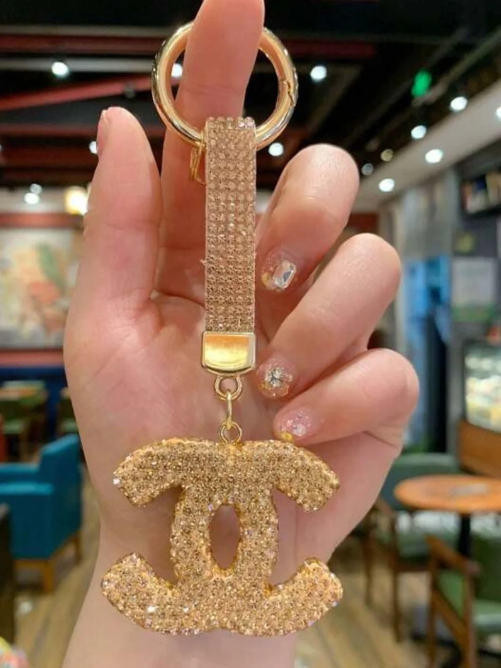 Luxury Sparkling Interlocking C Logo bag charm  Keychain - champagne Gold